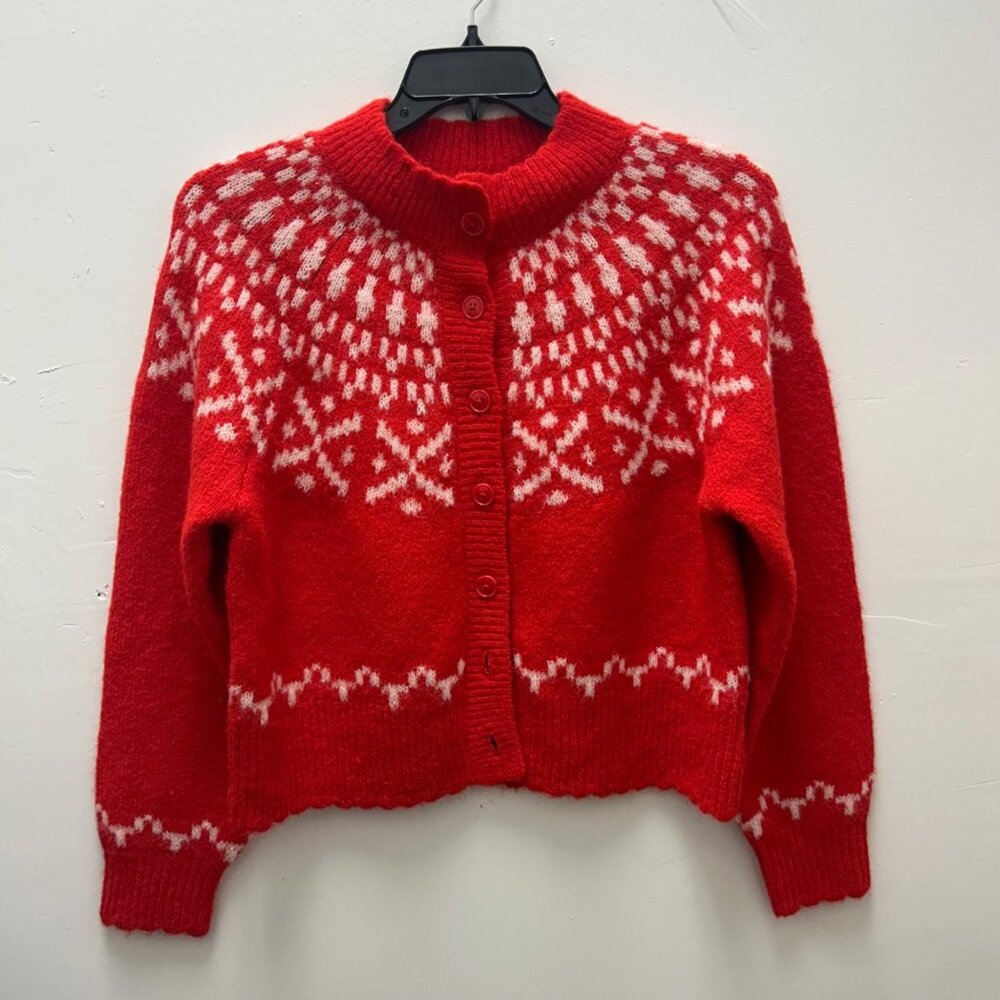 K-162 Universal Thread Size Medium Red Fair Isle Knit Cardigan Sweater Button Fr